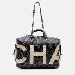 Chanel Black/White Large Coated Canvas Camellia Maxi Logo Bowling Bag