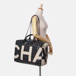 Chanel Black/White Large Coated Canvas Camellia Maxi Logo Bowling Bag