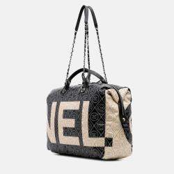 Chanel Black/White Large Coated Canvas Camellia Maxi Logo Bowling Bag