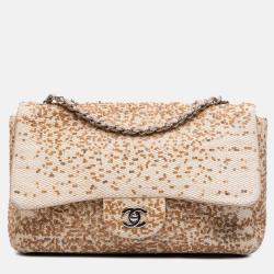 Chanel Beige Jumbo Raffia Sequin Single Flap