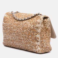 Chanel Beige Jumbo Raffia Sequin Single Flap