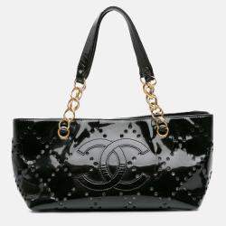 Chanel Black Small CC Perforated Patent Tote