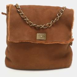 Chanel Brown Nubuck and Shearling Fur Vintage CC Flap Bag