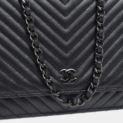 Chanel Classic Black Lambskin Chevron Wallet On Chain