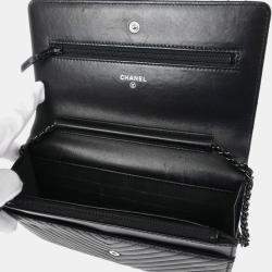 Chanel Classic Black Lambskin Chevron Wallet On Chain
