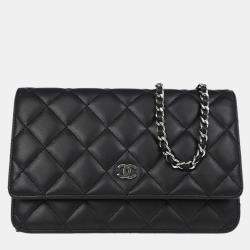 Chanel Classic Black Lambskin Chevron Wallet On Chain