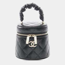 Chanel Black Mini Quilted Lambskin Ruched Handle Vanity Case