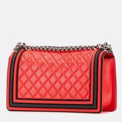 Pre Owned Chanel Black/Red Old Medium Bicolor Quilted Lambskin and Rubber Boy Flap