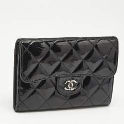Chanel Black Quilted Patent Leather CC Flap Compact Wallet