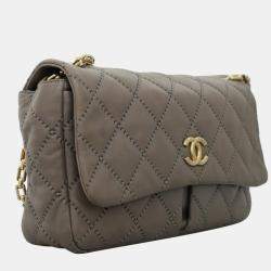 Chanel Stitch It Grey Leather Double Pocket Flap Bag