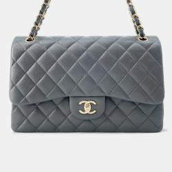 Chanel Jumbo Matelassé Double Flap Gray Caviar Leather Chain Shoulder Bag 30
