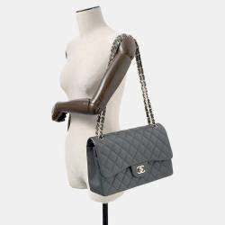 Chanel Jumbo Matelassé Double Flap Gray Caviar Leather Chain Shoulder Bag 30