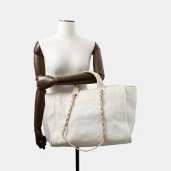 Chanel Deauville 2Way Chain tote Bag Ivory Canvas Leather Size Gm