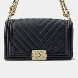 Chanel Boy Chain Black Soft Caviar Leather Shoulder Bag 