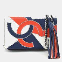 Chanel Wallet Chain Purse Shoulder Bag Leather Navy Off-White Red Silver