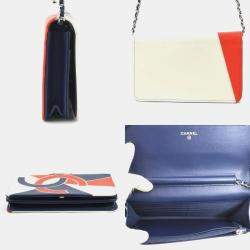Chanel Wallet Chain Purse Shoulder Bag Leather Navy Off-White Red Silver