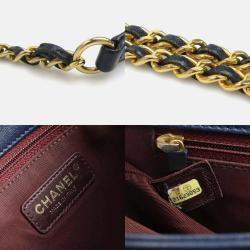 Chanel Shoulder Bag Leather Metal Navy Gold