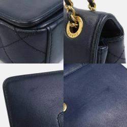 Chanel Shoulder Bag Leather Metal Navy Gold