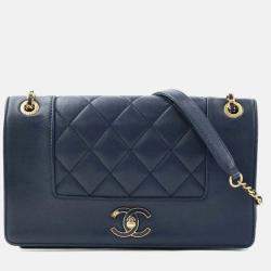 Chanel Shoulder Bag Leather Metal Navy Gold