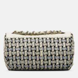 Chanel Wild Stitch Coco Mark Tweed Chain Shoulder Bag Blue White Wool Leather