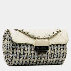 Chanel Wild Stitch Coco Mark Tweed Chain Shoulder Bag Blue White Wool Leather