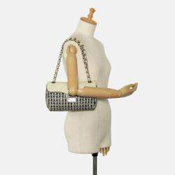 Chanel Wild Stitch Coco Mark Tweed Chain Shoulder Bag Blue White Wool Leather