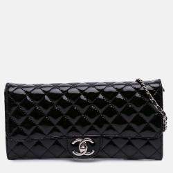 Chanel Black Quilted Patent East West Wallet On Chain