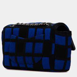 Chanel Black/Blue Medium Jersey Grid Single Flap