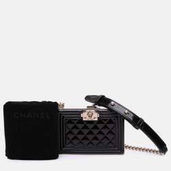 Chanel Black Quilted Patent Boy Box Minaudiere on Chain