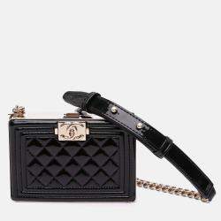 Chanel Black Quilted Patent Boy Box Minaudiere on Chain