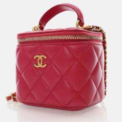 Chanel Mini Red Lambskin Top Handle Vanity Case With Chain
