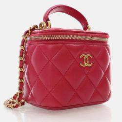 Chanel Mini Red Lambskin Top Handle Vanity Case With Chain