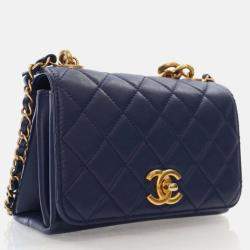 Chanel Mini Navy Calfskin Pearl Chain Flap Bag