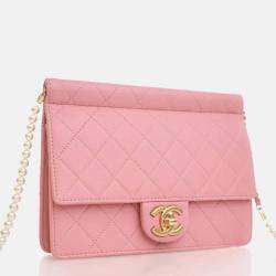 Pre Owned Chanel Pearl Chain Pink Goatskin Flap Bag