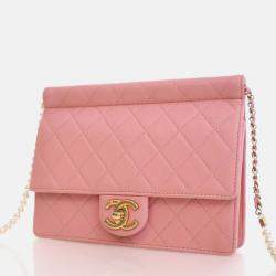 Pre Owned Chanel Pearl Chain Pink Goatskin Flap Bag