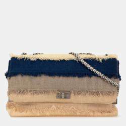 Chanel 2.55 Beige Navy Linen Chain Shoulder Bag 