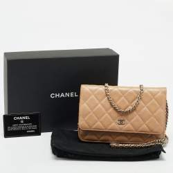 Pre Owned Chanel Beige Quilted Caviar Leather CC Wallet On Chain