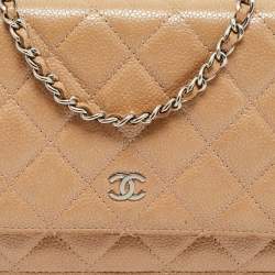 Pre Owned Chanel Beige Quilted Caviar Leather CC Wallet On Chain
