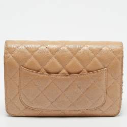 Pre Owned Chanel Beige Quilted Caviar Leather CC Wallet On Chain