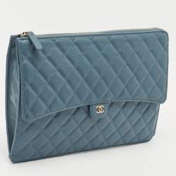 Chanel Blue Quilted Caviar Leather Classic CC Flap Zip Pouch Clutch