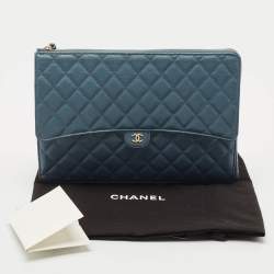 Chanel Blue Quilted Caviar Leather Classic CC Flap Zip Pouch Clutch