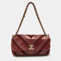 Chanel Burgundy Chevron Leather and Suede Surpique CC Flap Shoulder Bag