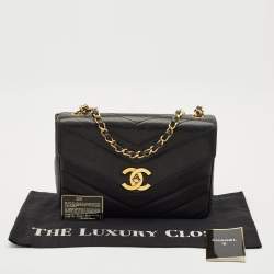 Pre Owned Chanel Black Chevron Leather Large Vintage Classic Flap Bag
