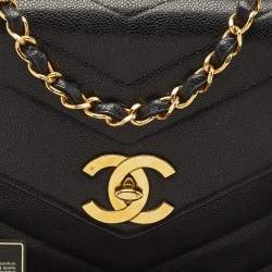 Pre Owned Chanel Black Chevron Leather Large Vintage Classic Flap Bag