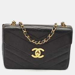 Chanel Black Chevron Leather Large Vintage Classic Flap Bag