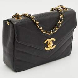 Pre Owned Chanel Black Chevron Leather Large Vintage Classic Flap Bag