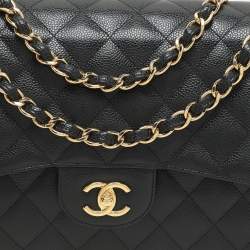 Pre Owned Chanel Black Quilted Caviar Leather Jumbo Classic Double Flap Bag