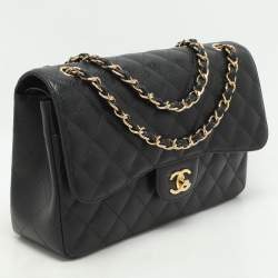 Pre Owned Chanel Black Quilted Caviar Leather Jumbo Classic Double Flap Bag