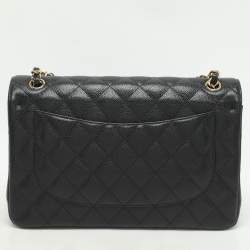 Pre Owned Chanel Black Quilted Caviar Leather Jumbo Classic Double Flap Bag