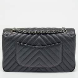 Chanel Black Chevron Caviar Leather Medium Classic Double Flap Bag